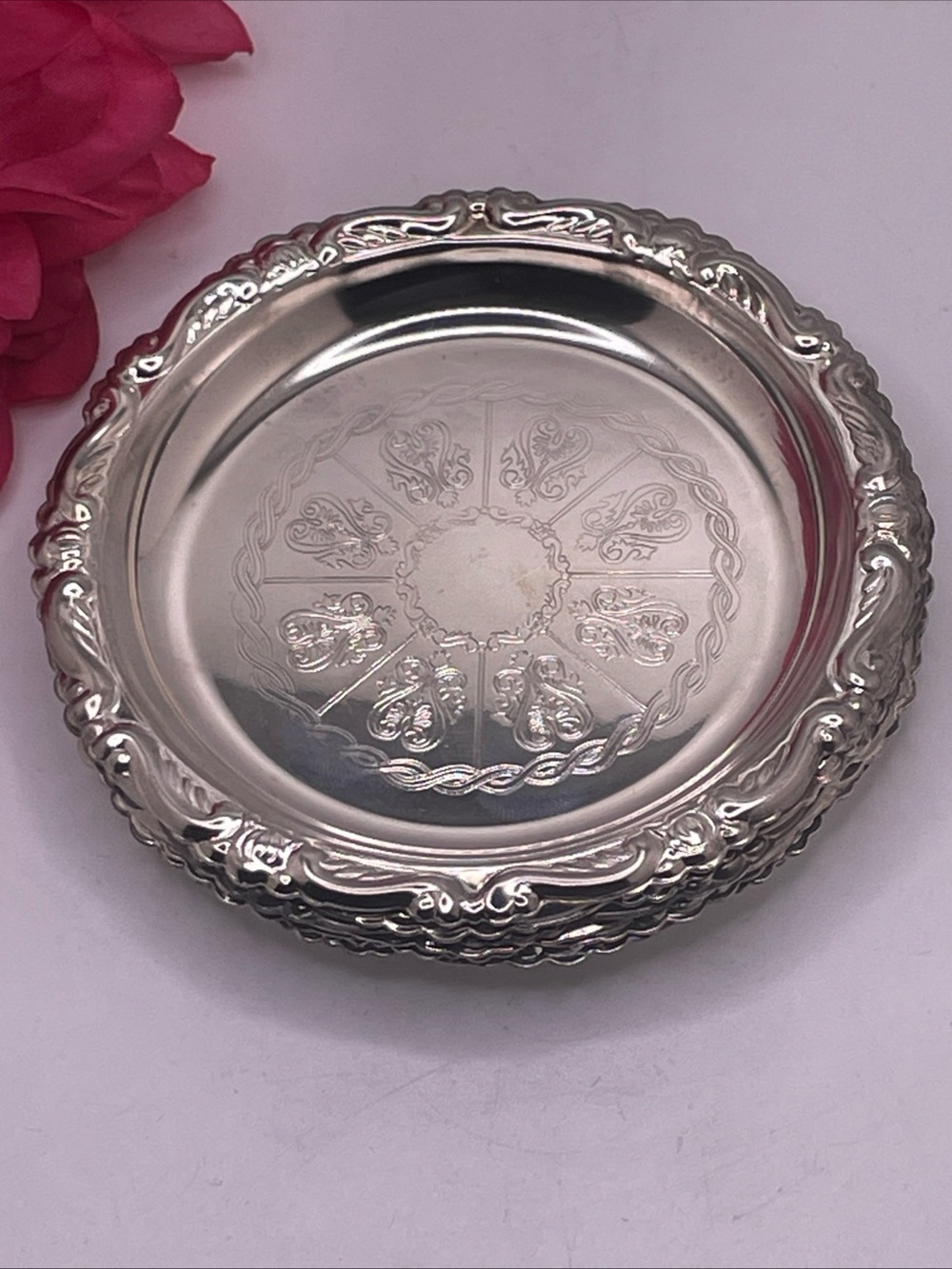 Vintage Italy Silver Plated EP on Steel Set of 6 Embossed Ornate Wine Coasters